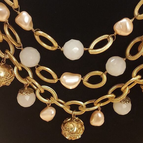 Gold triple multi chain layered bead necklace vintage - Picture 6 of 7